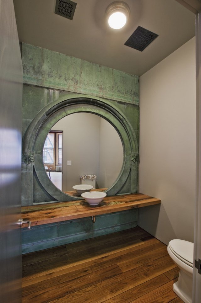 lavatório-placa de madeira-bancada-lavatório-redondo-parede-espelho