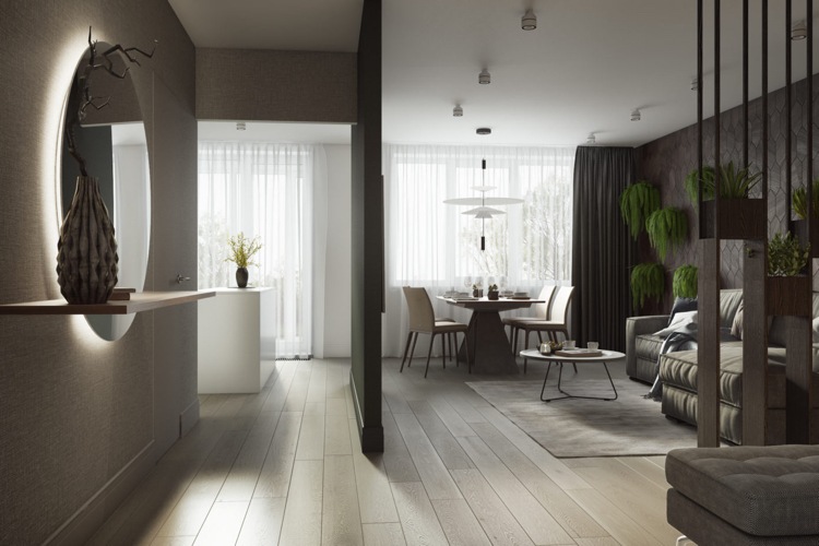 branco cinza bege sala de estar cozinha neutra moderna