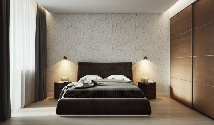 quarto branco cinza bege acento estrutura de parede cama guarda-roupa embutido