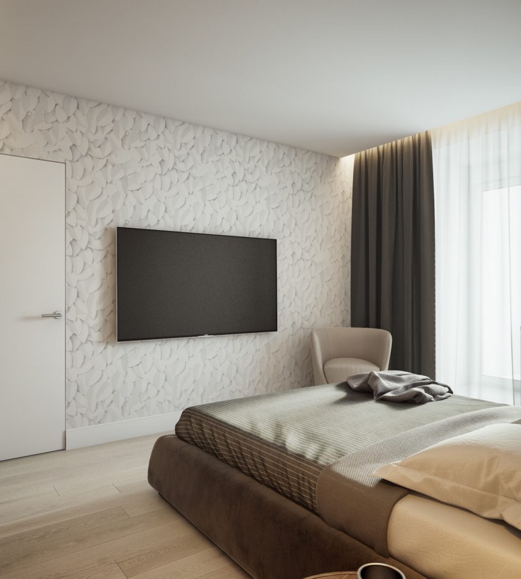 cama de TV bege cinza branco quarto