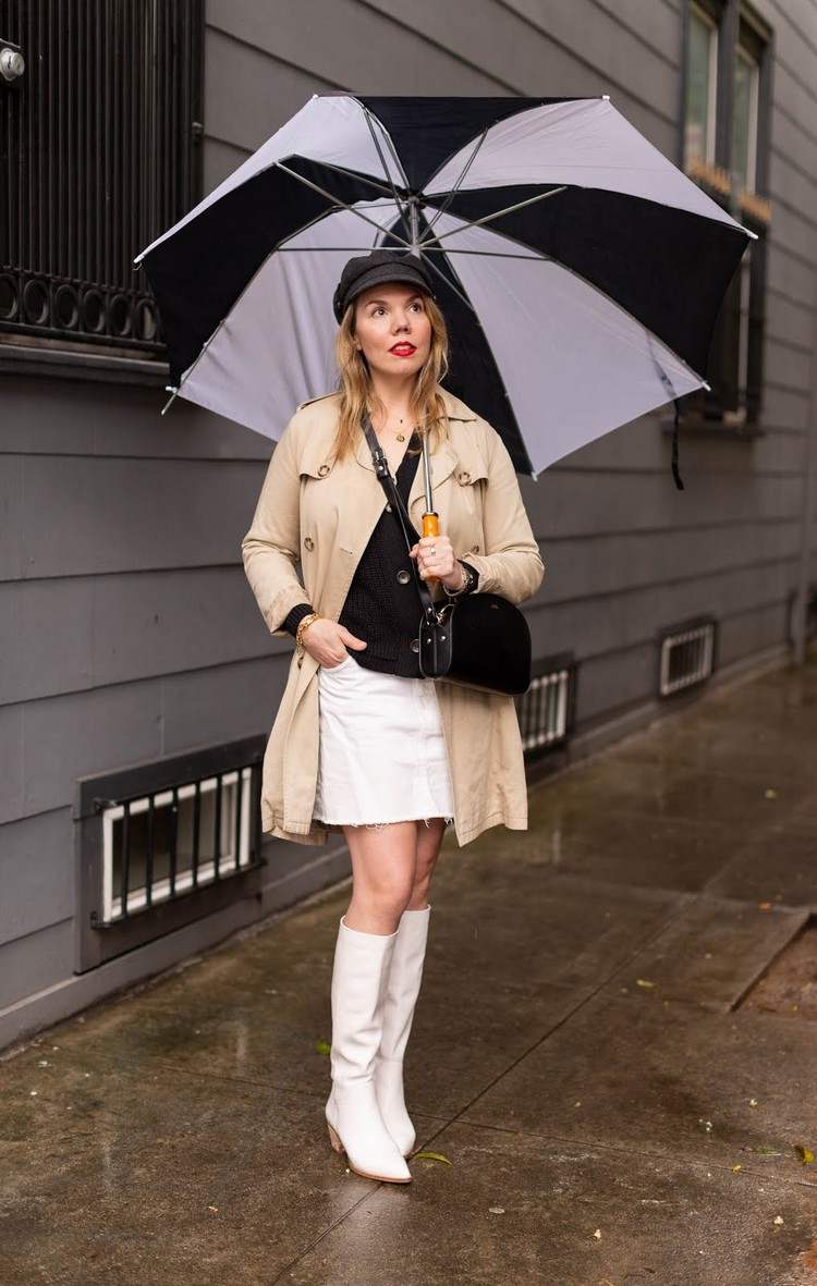 Roupa de chuva para mulheres como usar botas brancas