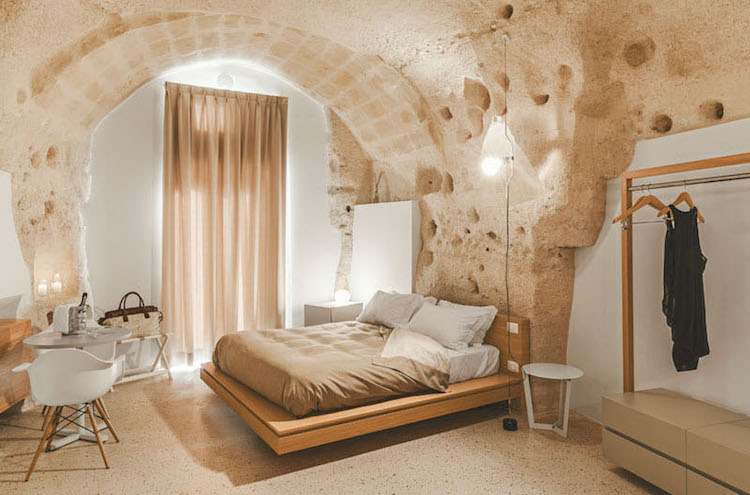 Pintura de parede branca -natural madeira-móveis-gruta-cama-calcário-moderno