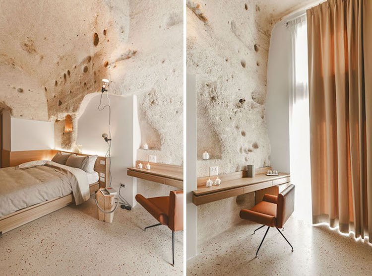 parede branca-tinta-madeira natural-móveis-calcário-equipamento de quarto de hotel