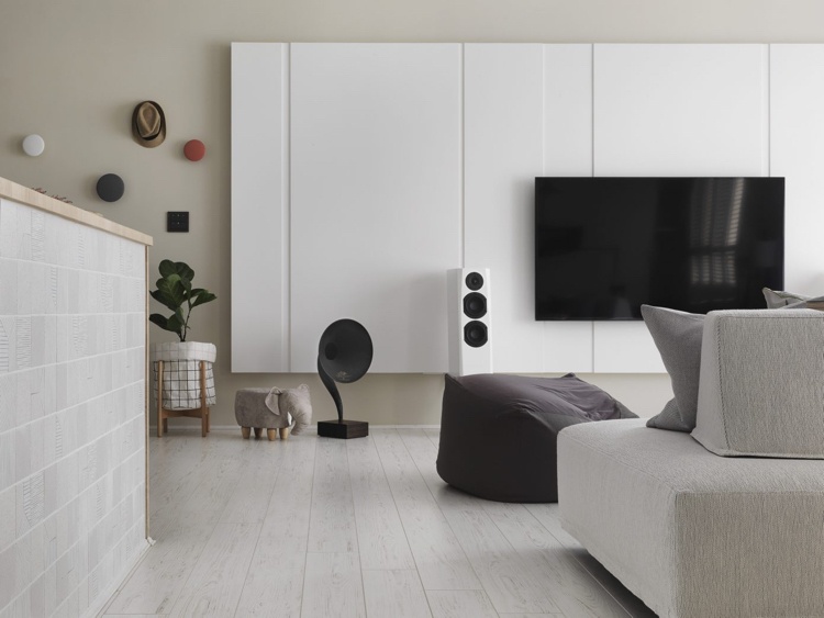 laminado branco tons de cinza sala de estar tv parede design minimalista
