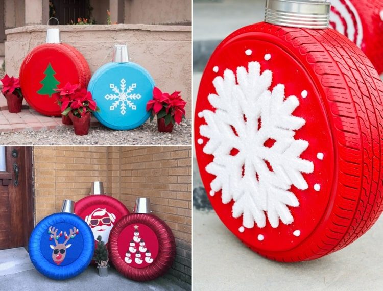 Faça decorações de pneus de carro para o Natal em uma aparência de bola de árvore de Natal