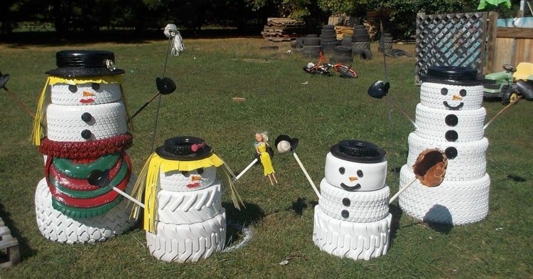 Faça suas próprias decorações de jardim para o Natal com pneus velhos - bonecos de neve engraçados