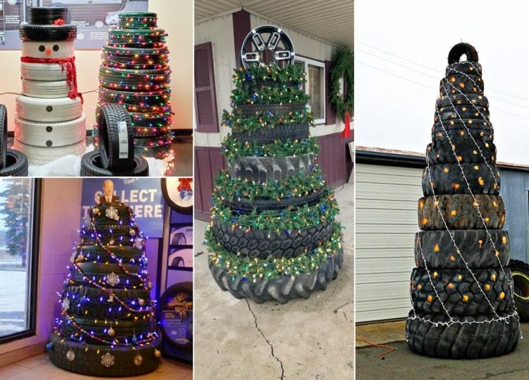 Alternativa à clássica árvore de Natal feita de pneus com luzes de fada e guirlandas de Natal