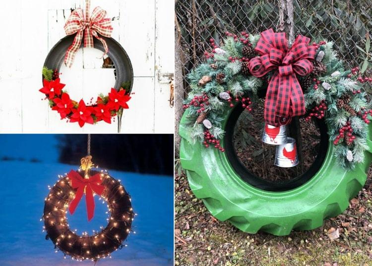 Guirlanda de Natal como uma ideia para decoração de pneus de carro feito pelo próprio com luzes verdes de abeto, poinsétia ou fadas
