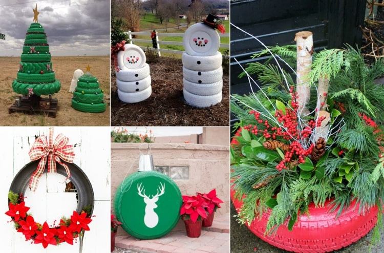 Faça você mesmo as decorações de pneus de carro para o Natal - boneco de neve, guirlanda de Natal e arranjo de flores