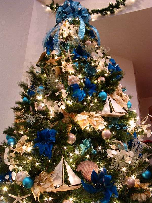 decorações para árvores de natal ouro azul cobalto tema mar