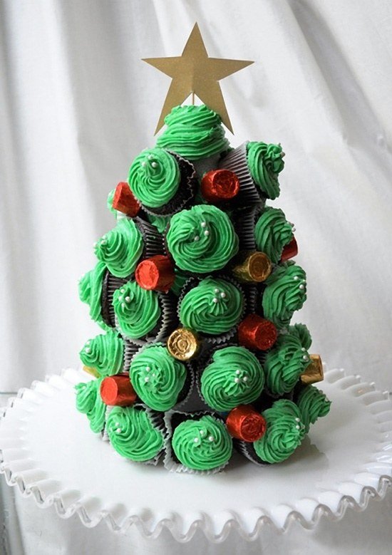 Árvore de Natal, ideia, cupcakes, doce, papel, estrela, árvore, natal