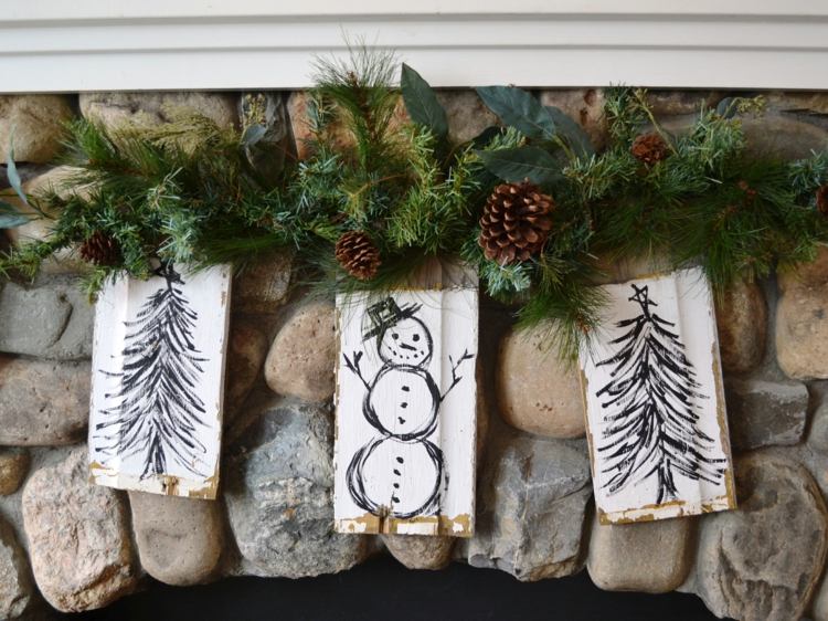 Decoração de Natal funileiro guirlanda-tábuas de madeira-pintura-rústico-boneco de neve-abetos