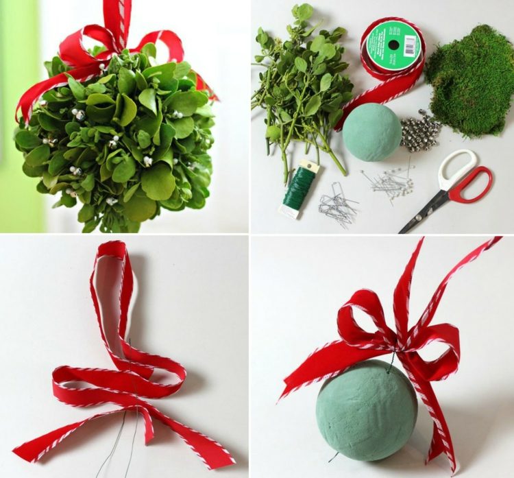 Faça suas próprias decorações de natal, beijando bola, bola, espuma, fita vermelha, materiais
