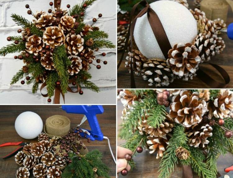 decoração de natal-faça-você-mesmo-beijando-bola-isopor-bola-cones de pinho