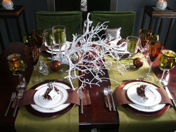 decorações de mesa natal inverno verde mesa corredores ramos brancos