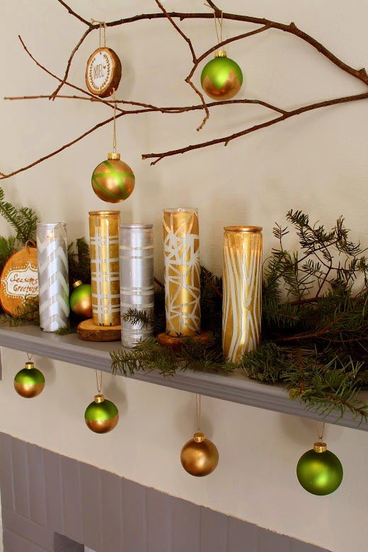 Faça você mesmo decoração de Natal lareira castiçal ouro verde decorar ramos de abeto