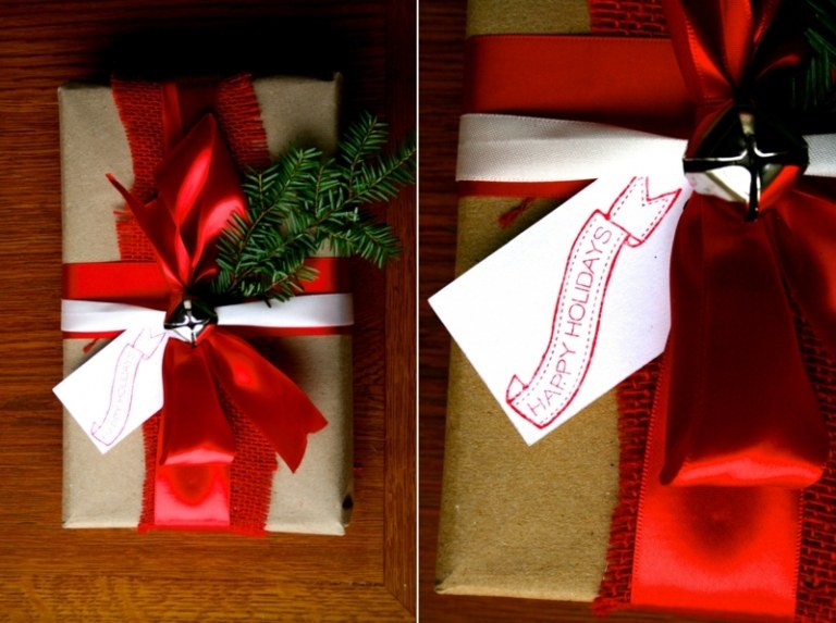 embrulhar presentes de natal fita vermelho branco gloeckchen fir branch