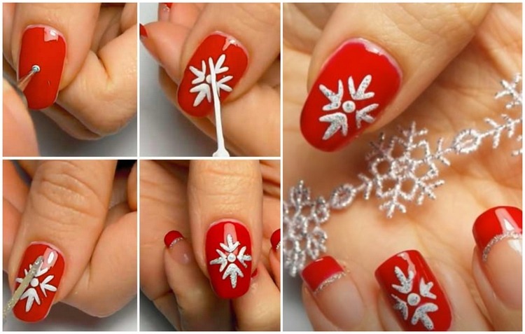 Unhas de natal com floco de neve e francês