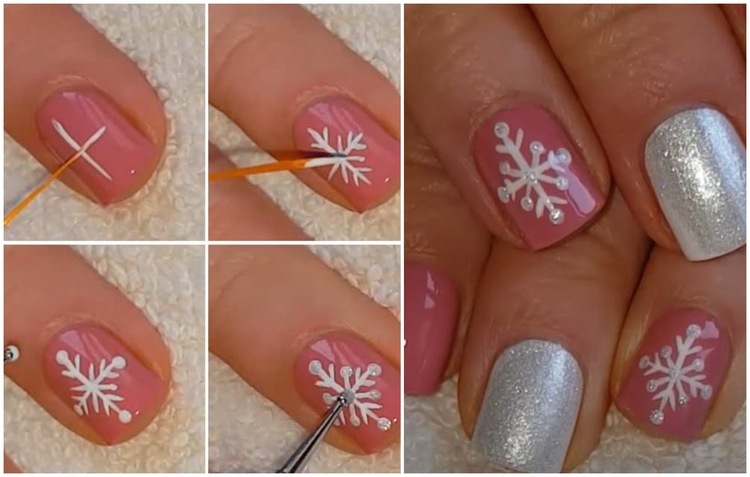 Pinte um floco de neve em um desenho de unhas rosa e prata empoeirado