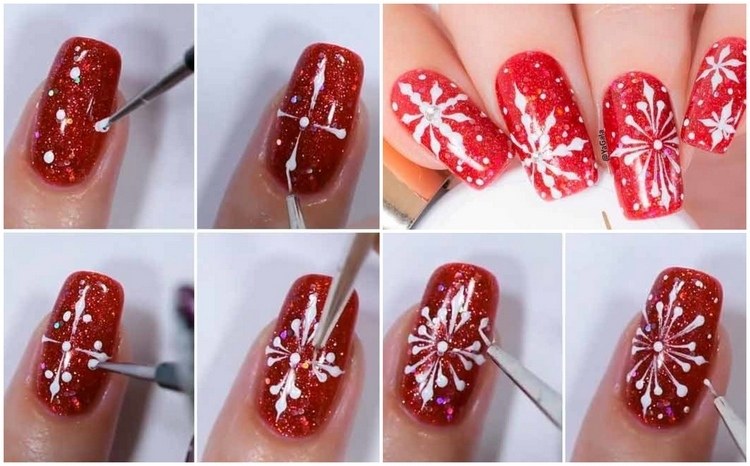 Pinte flocos de neve nas unhas com um pincel extra fino