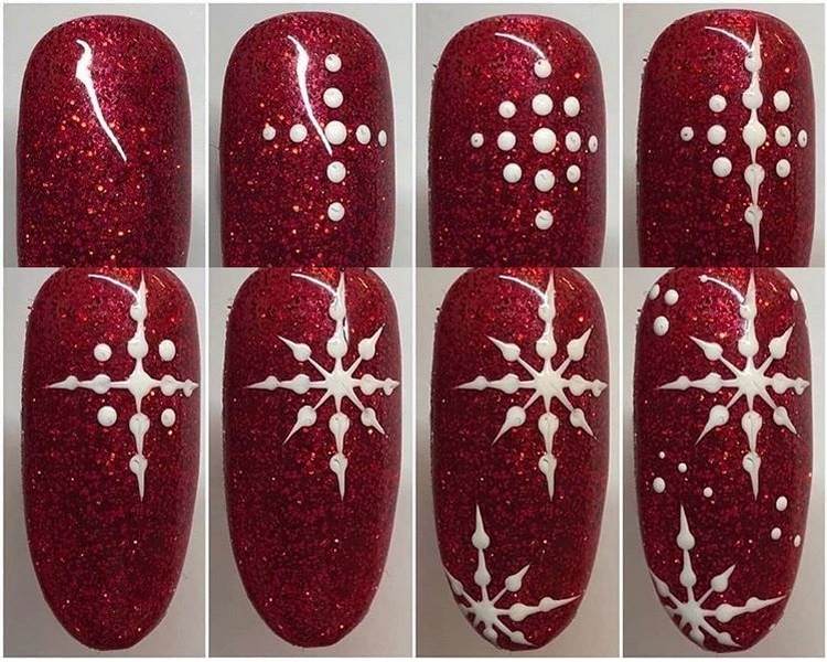 Pinte flocos de neve em unhas conectando pontos