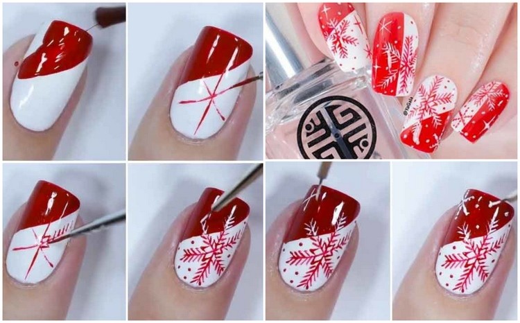 As unhas de Natal fazem você mesmo flocos de neve em vermelho e branco