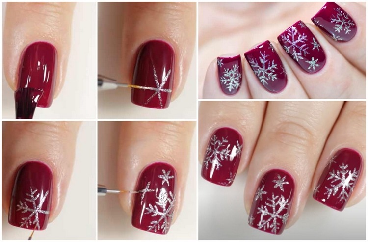 faça seu próprio desenho de unhas de natal em vermelho e prata com floco de neve