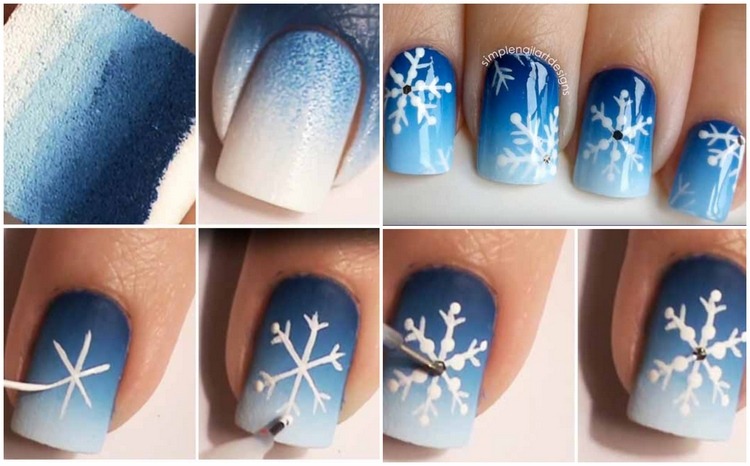 Pinte flocos de neve nas unhas em um gradiente de azul a branco