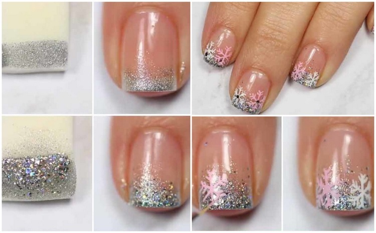 purpurina unhas francesas com flocos de neve