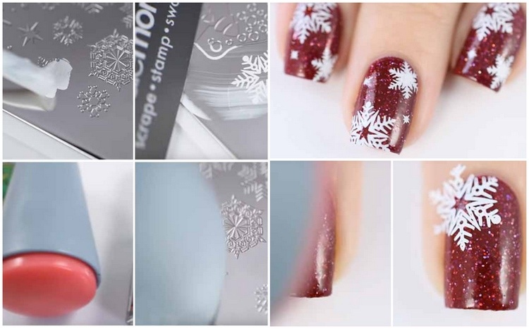 Faça você mesmo flocos de neve nas unhas com um molde de estampagem