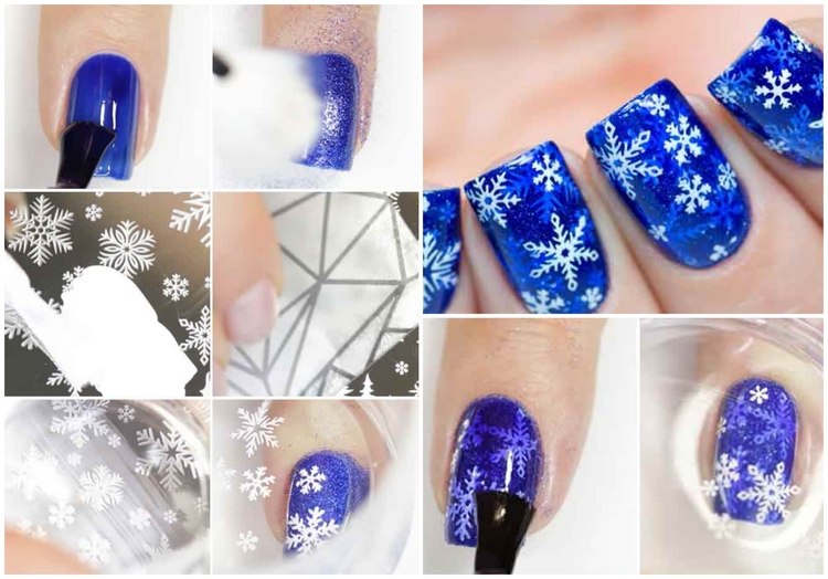 Desenho de unhas de flocos de neve com molde de estampagem