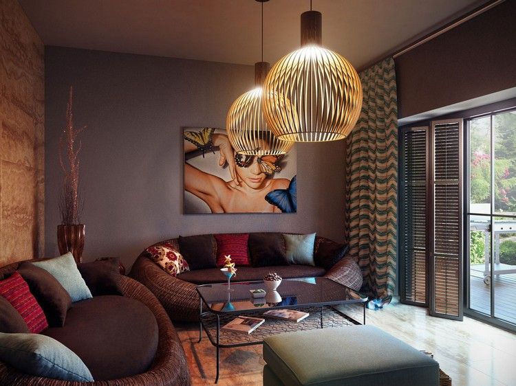 design de sala de estar moderno marrom vermelho azul