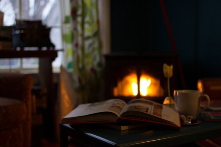 Lareira inverno madeira aconchegante atmosfera ler um livro