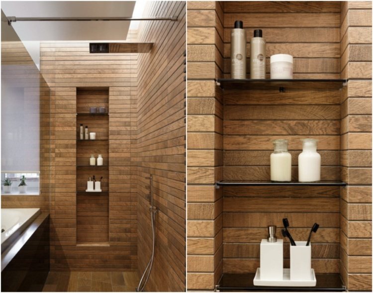 Cabina de duche ao nível do chão com nicho na parede e azulejos com aspecto de madeira