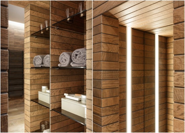 azulejos de parede em aparência de madeira e tiras de led integradas para um oásis de bem-estar privado