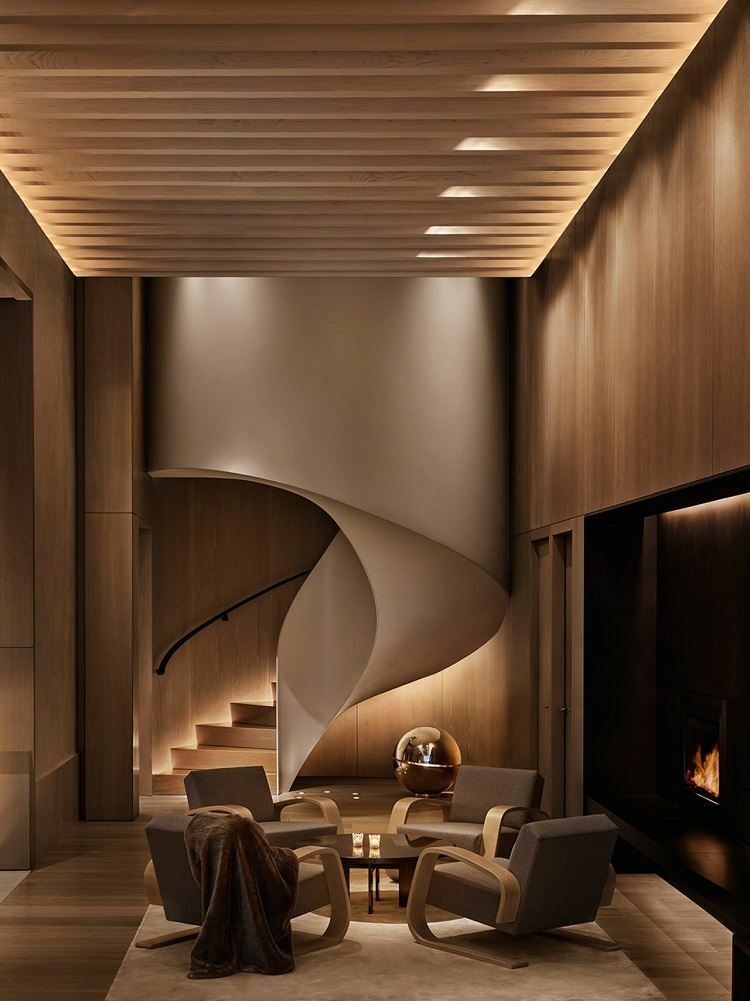 sala de estar móveis modernos lareira escada em espiral de madeira minimalista