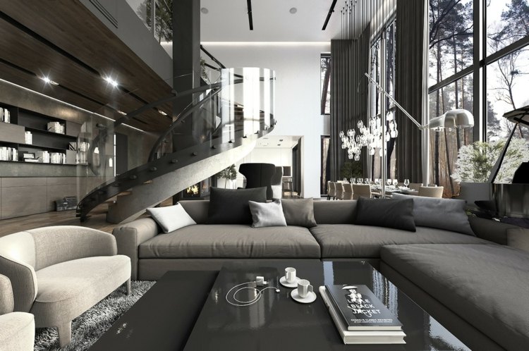 apartamento luxo cinza preto escada em espiral dentro do corrimão de vidro