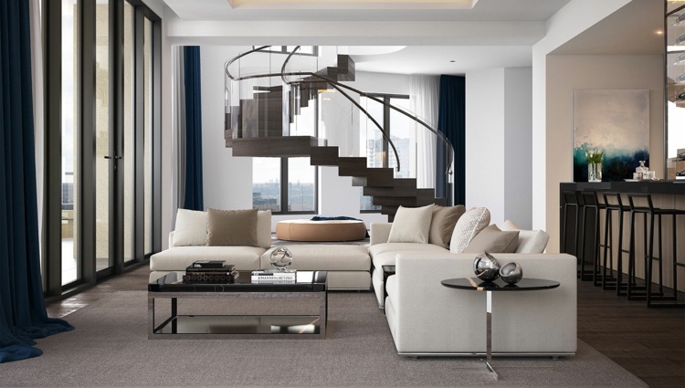 sala de estar aberta sofá de canto mesa de centro móveis minimalistas escada em espiral madeira corrimão de vidro