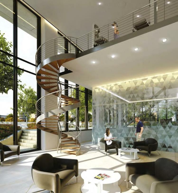 residência moderna com parede de vidro e aço escada em espiral dentro de madeira