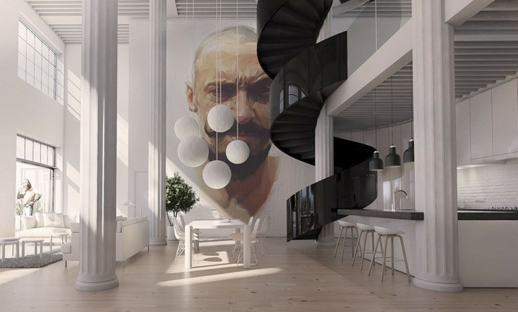 sala de estar loft projeto industrial luzes suspensas escada em espiral dentro de vidro preto