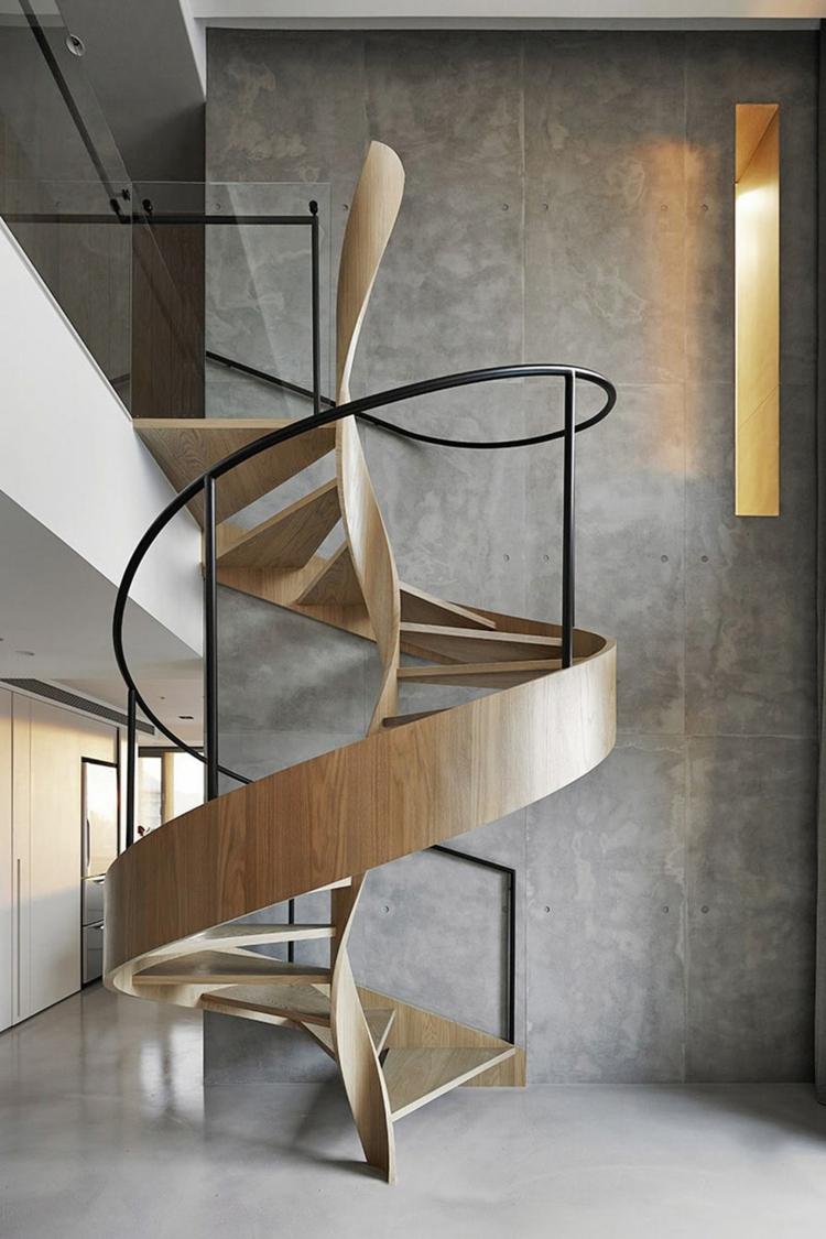 escada em espiral dentro de madeira aço futurista minimalista