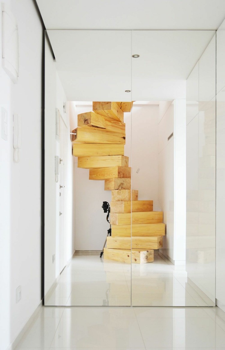 escada de madeira moderna minimalista com economia de espaço escada em espiral