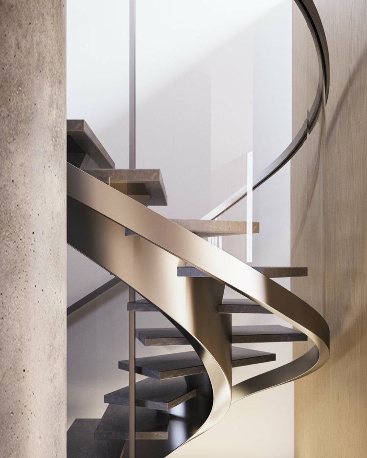 escada em espiral dentro de concreto de aço elegante estreito
