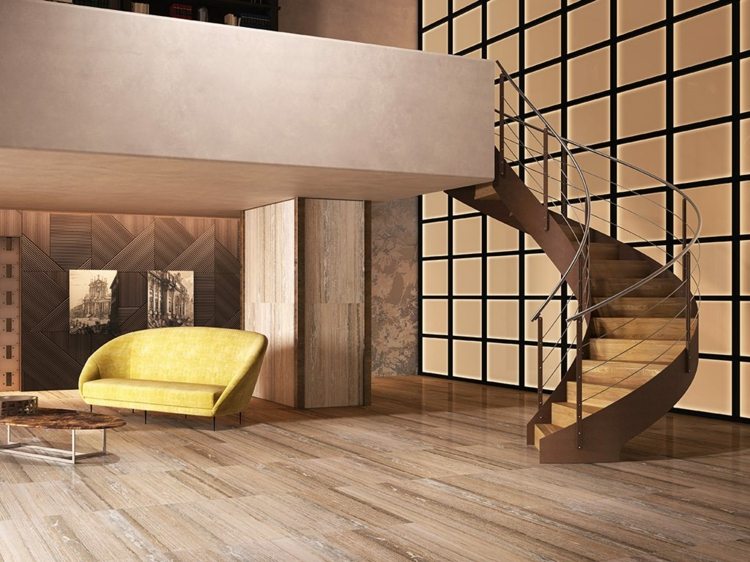moderno design de interiores sofá mesa de centro escada em espiral dentro de corrimão de madeira