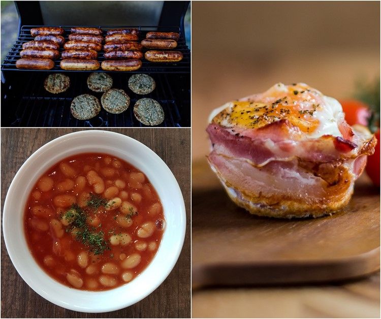 Comida de festa ocidental com feijão grelhado bacon e muffin de ovo