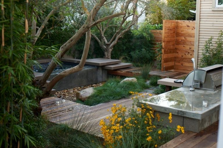 Idéias de design de jardim de banheira de hidromassagem no quintal