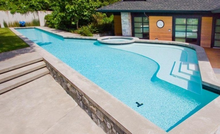 Banheira de hidromassagem, jardim, piscina, design de concreto