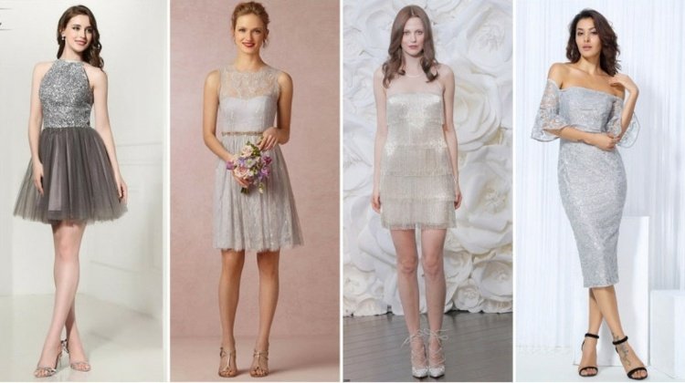 Um vestido de noiva curto em prata ou cinza parece moderno, feminino ou elegante