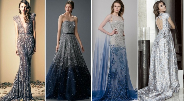 Azul e prata combinam para um vestido de noiva extravagante