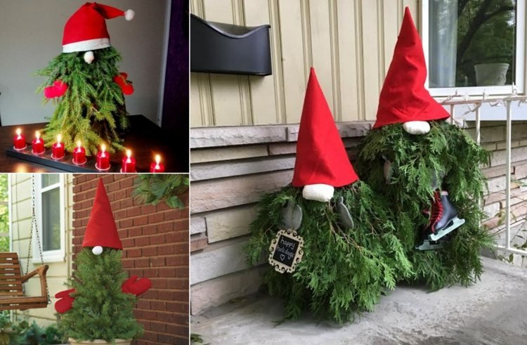 Decoração de Natal fofa com gnomos escandinavos feitos de ramos verdes